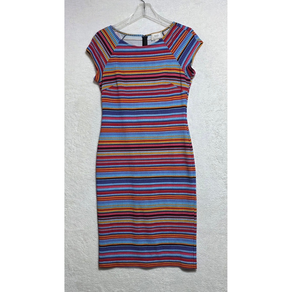 ECI New York Multicolor Striped Ribbed Knit Cap Sleeve Sheath Dress Size 8